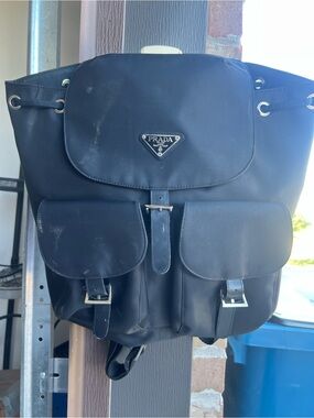 Prada Black Nylon Drawstring Backpack with Front Flap Pockets